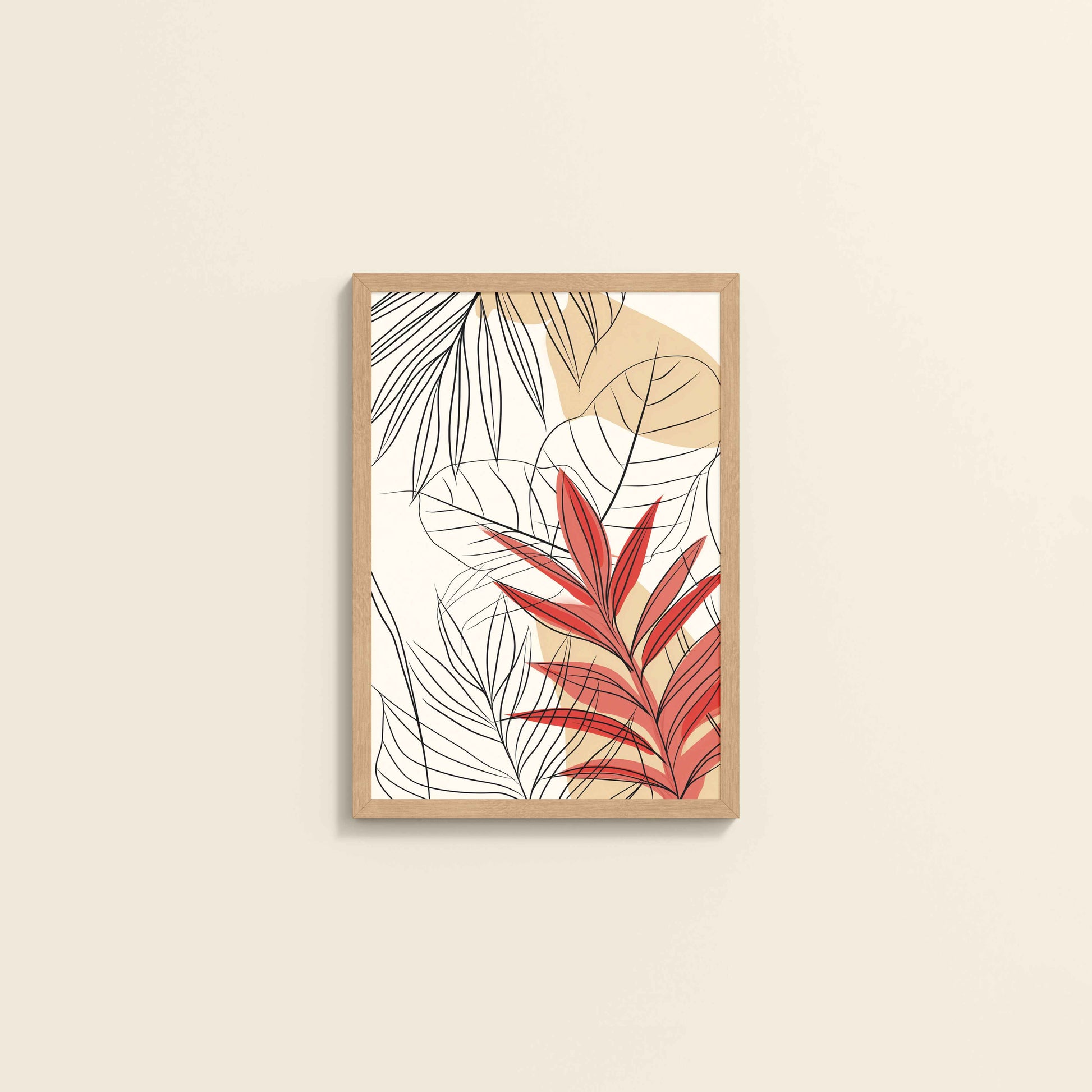 Wall View of Abstract Botanical Line Art – Floral & Leaf Motifs in Natrual Color Frame