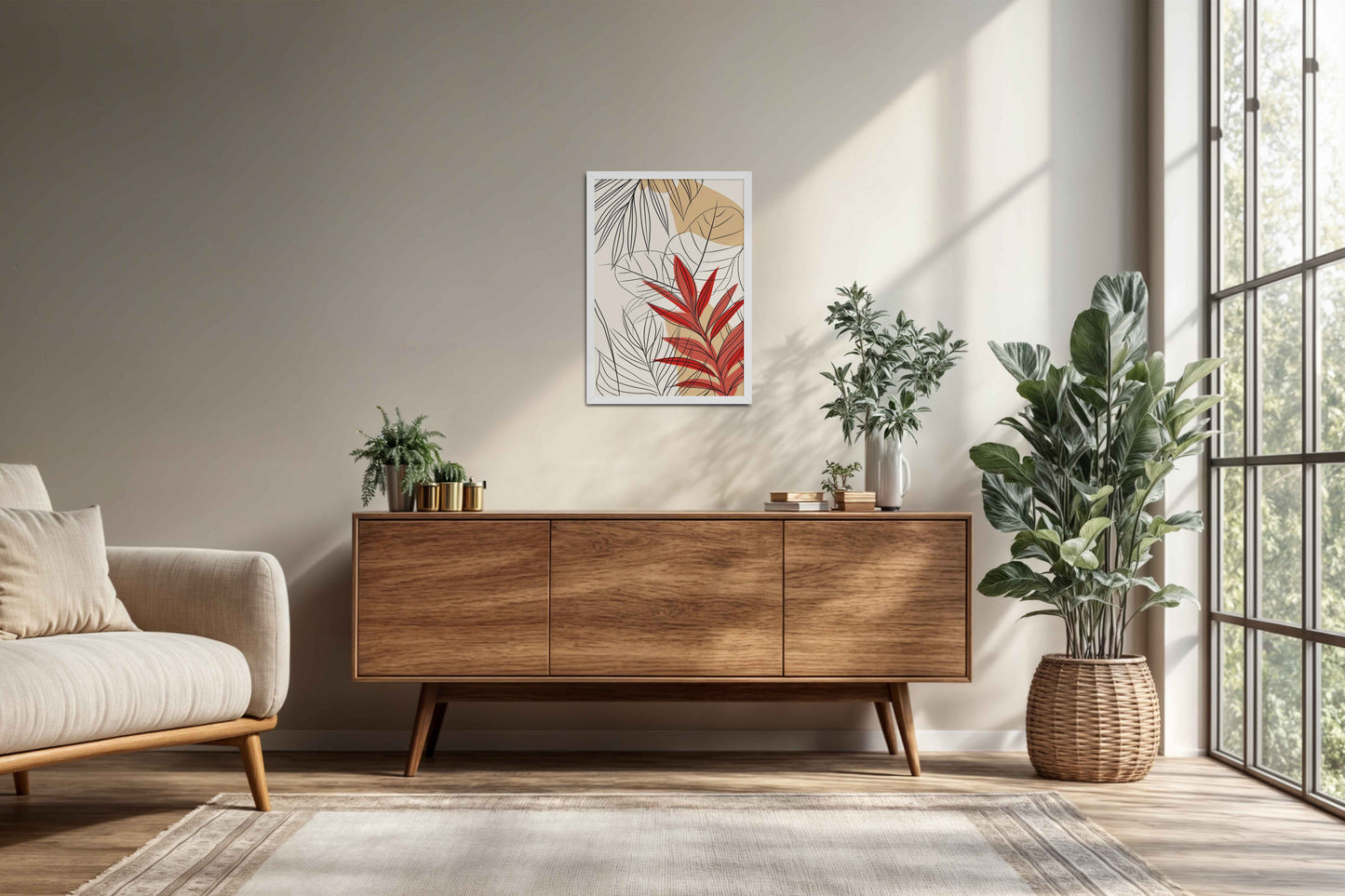 Living Room Cabinet Preview of Abstract Botanical Line Art – Floral & Leaf Motifs in White Color Frame