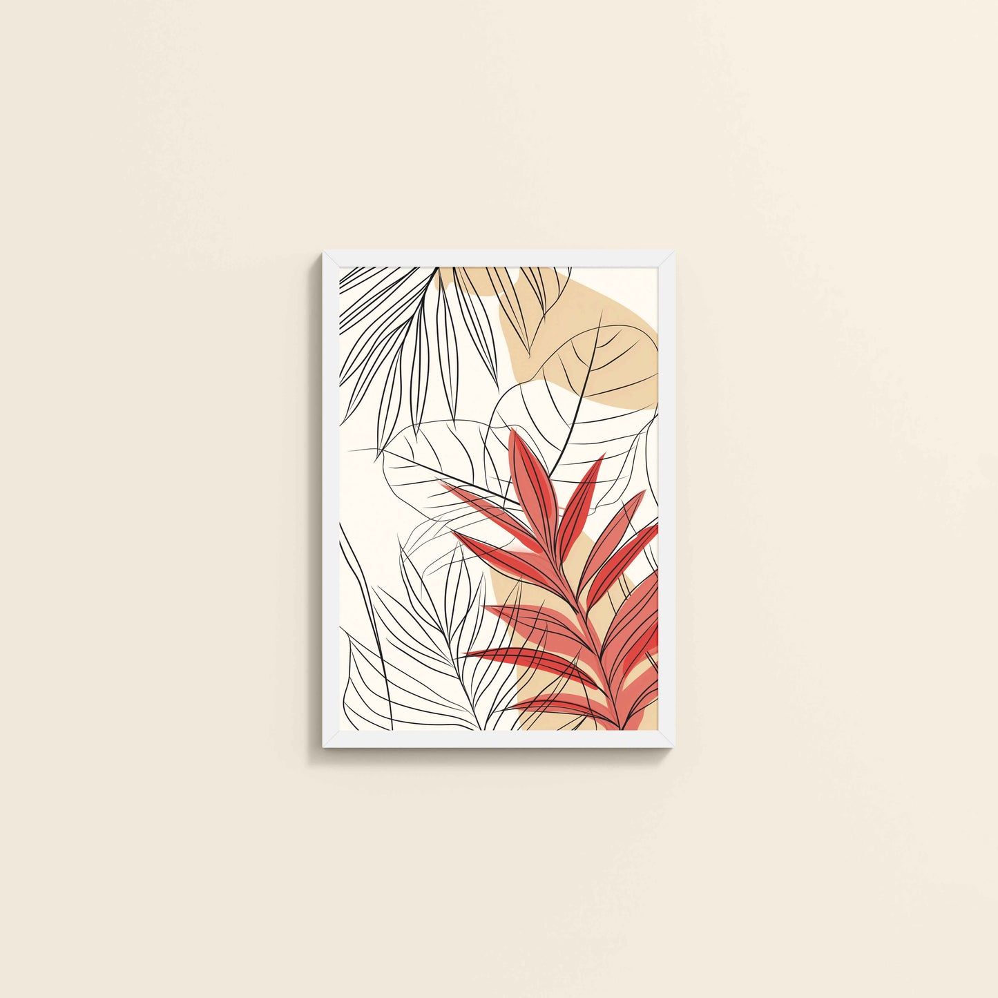 Wall View of Abstract Botanical Line Art – Floral & Leaf Motifs in White Color Frame