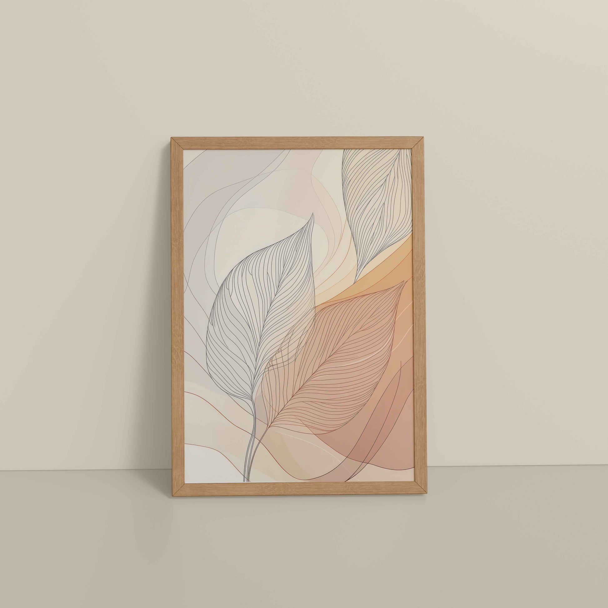 Floor View of Living Hues – Vibrant Leaves Line Art Wall Decor in Natrual Color Frame