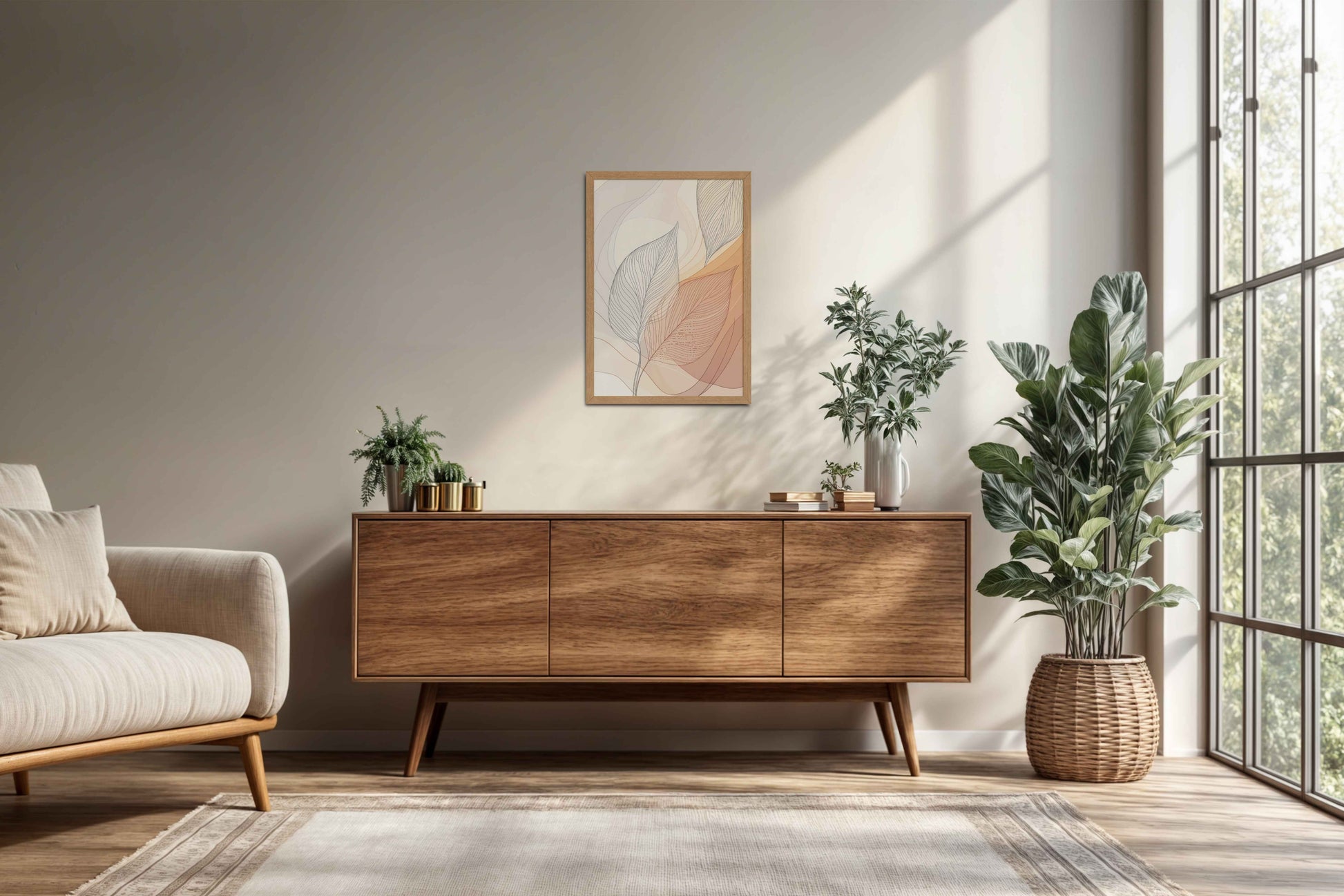 Living Room Cabinet Preview of Living Hues – Vibrant Leaves Line Art Wall Decor in Natrual Color Frame