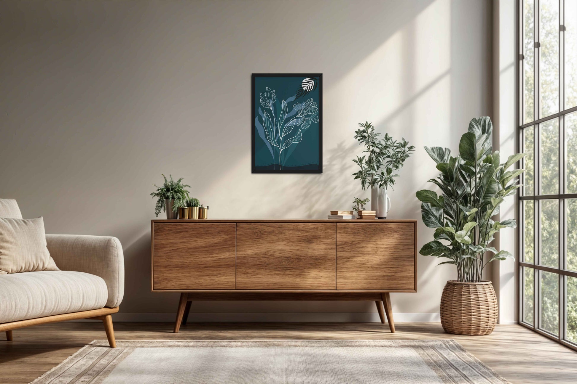 Living Room Cabinet Preview of Floral Majesty – Minimalist Line Art Wall Decor in Black Color Frame