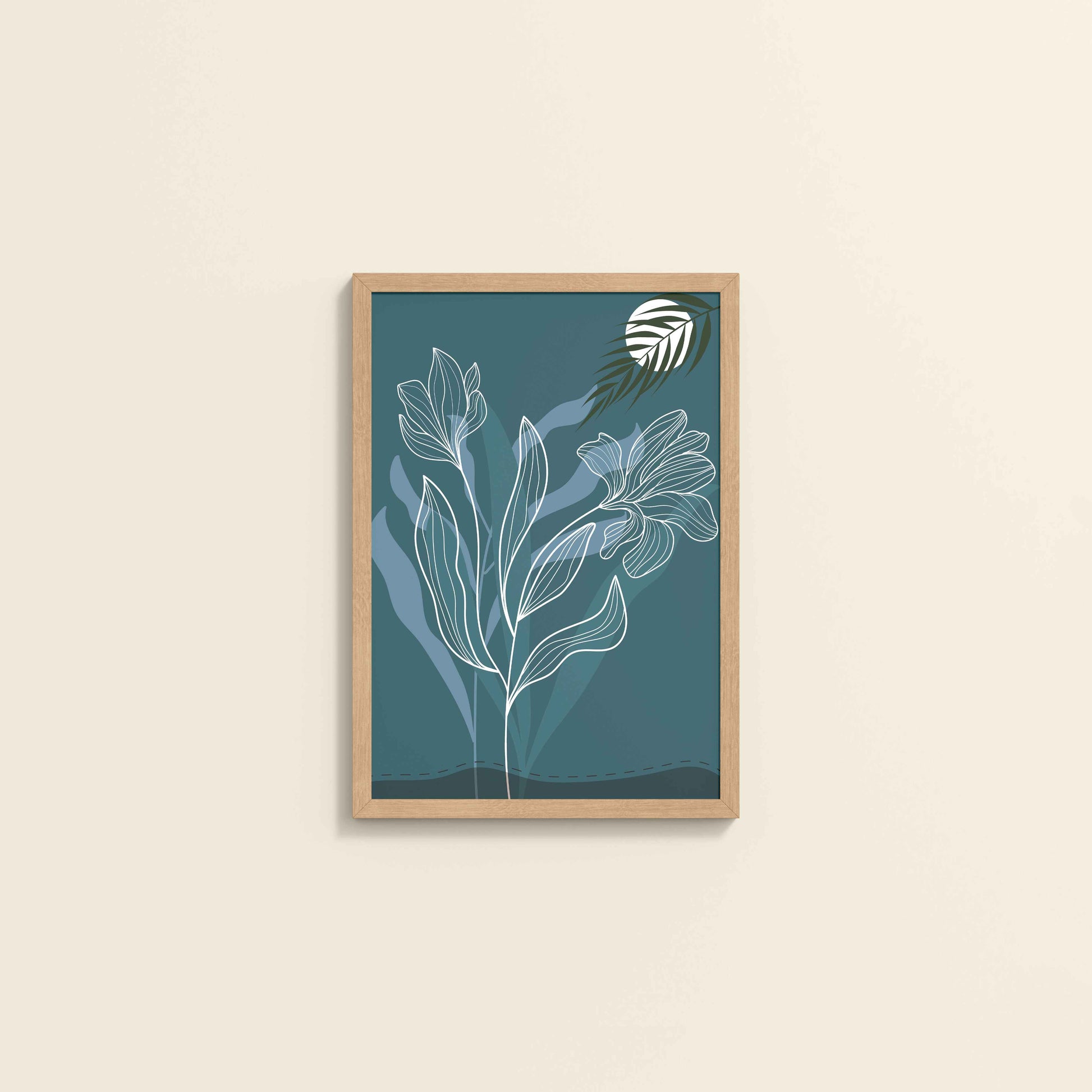 Wall View of Floral Majesty – Minimalist Line Art Wall Decor in Natrual Color Frame