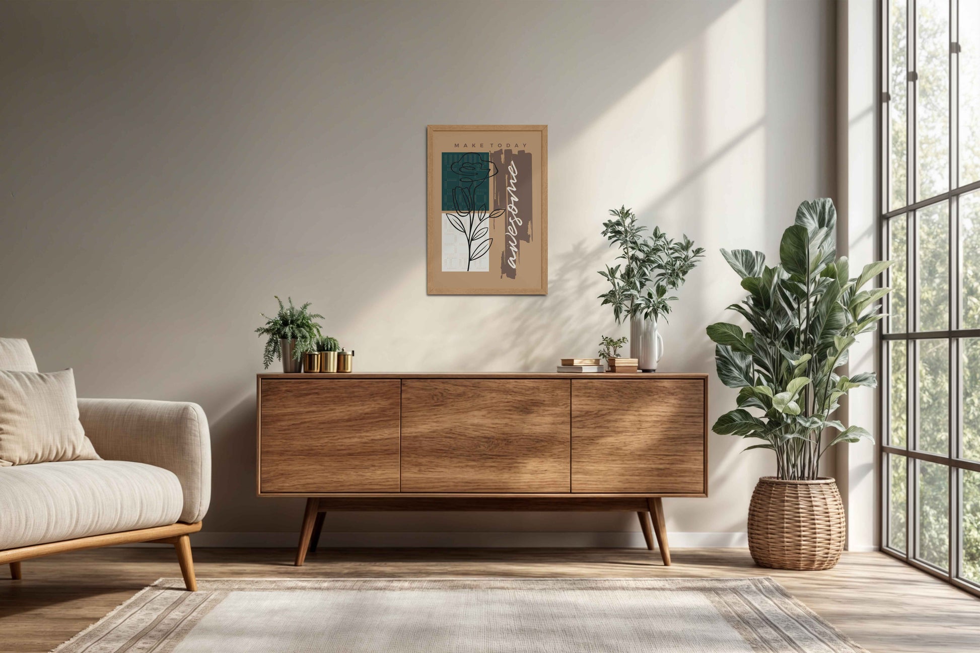 Living Room Cabinet Preview of Daily Bloom – Motivational Flower Line Artwork in Natrual Color Frame