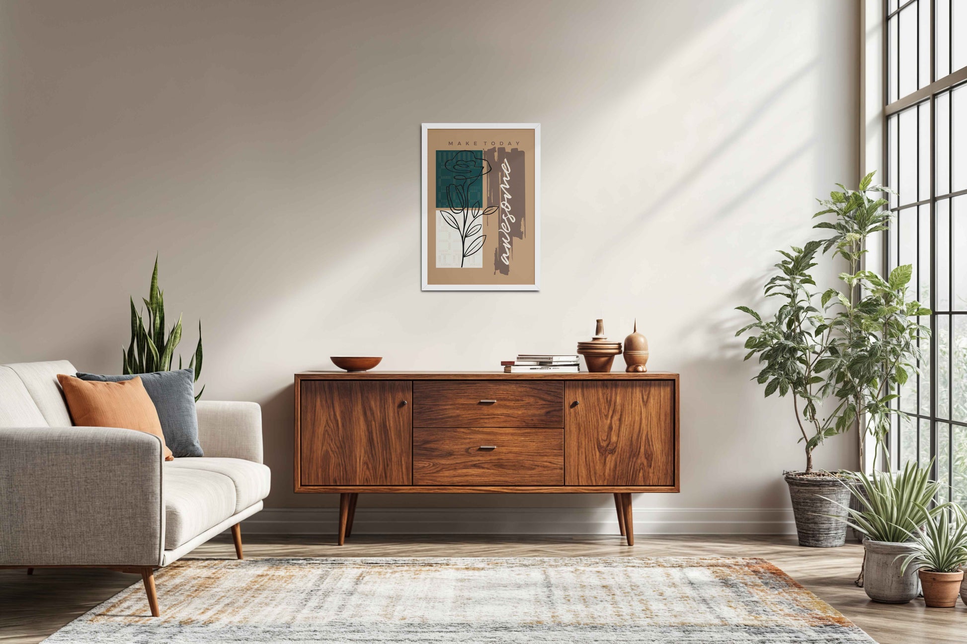 Living Room Sofa Preview of Daily Bloom – Motivational Flower Line Artwork in White Color Frame
