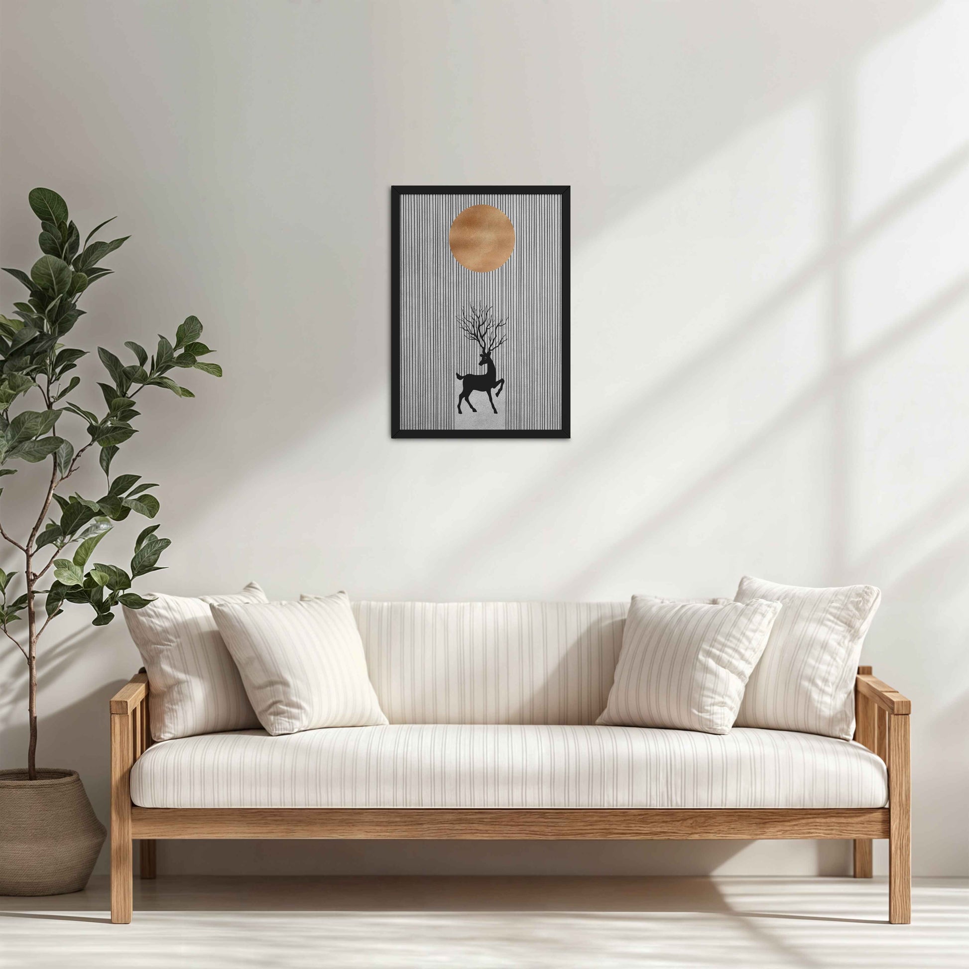 Living Room Cabinet Table Preview of Silent Grace – Minimalist Deer & Sun Line Art in Black Color Frame