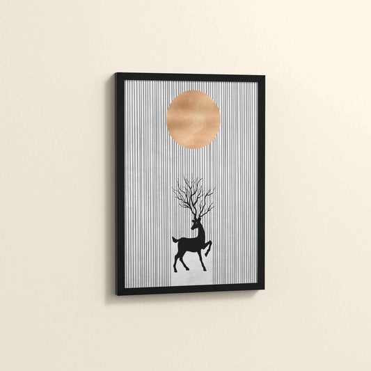 Side View of Silent Grace – Minimalist Deer & Sun Line Art in Black Color Frame