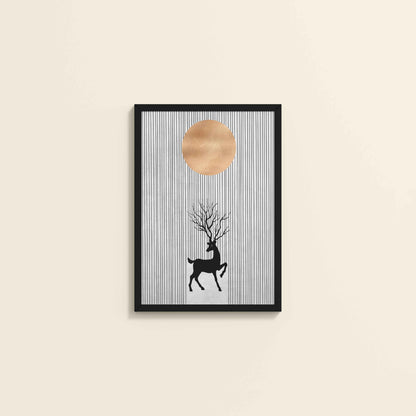 Wall View of Silent Grace – Minimalist Deer & Sun Line Art in Black Color Frame