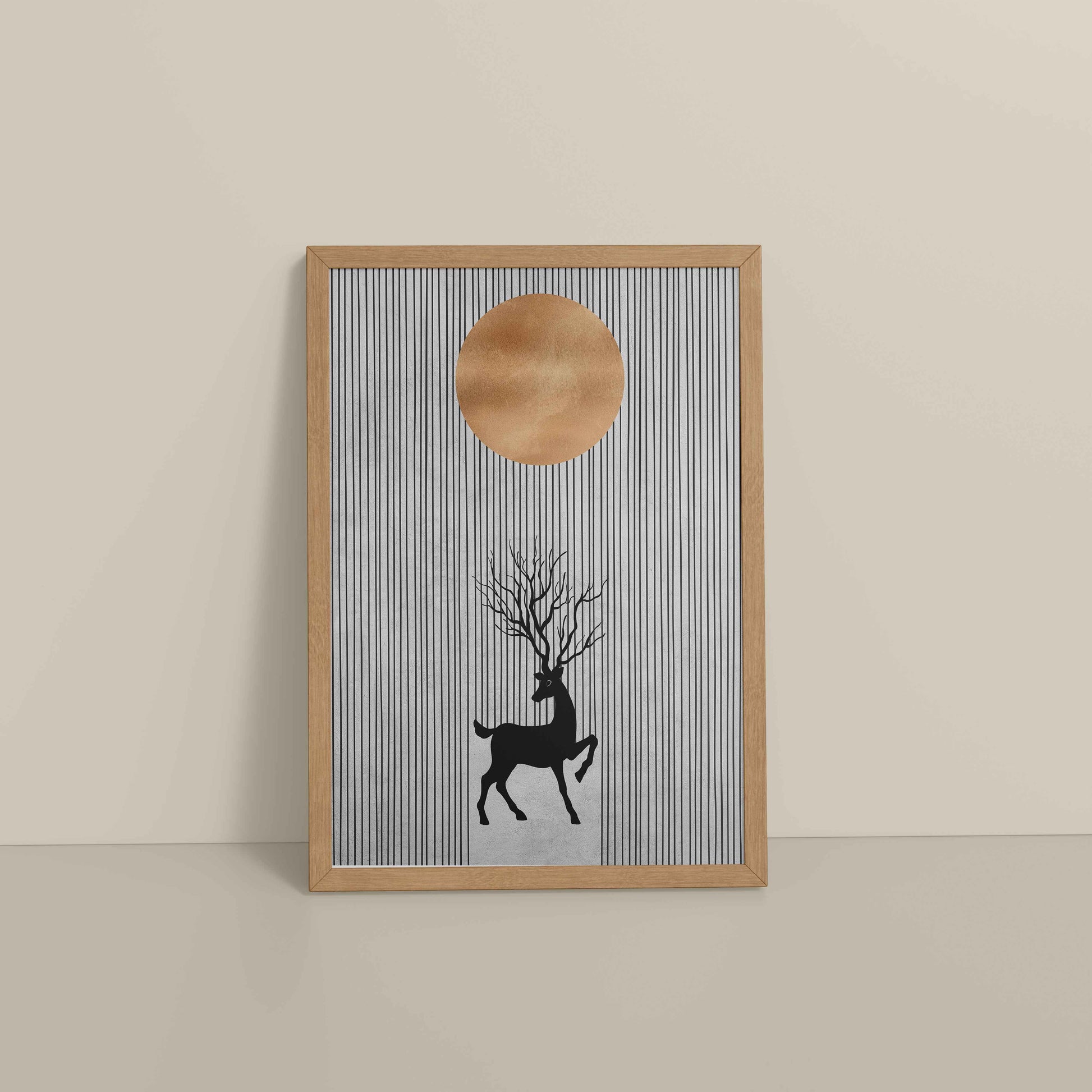 Floor View of Silent Grace – Minimalist Deer & Sun Line Art in Natrual Color Frame