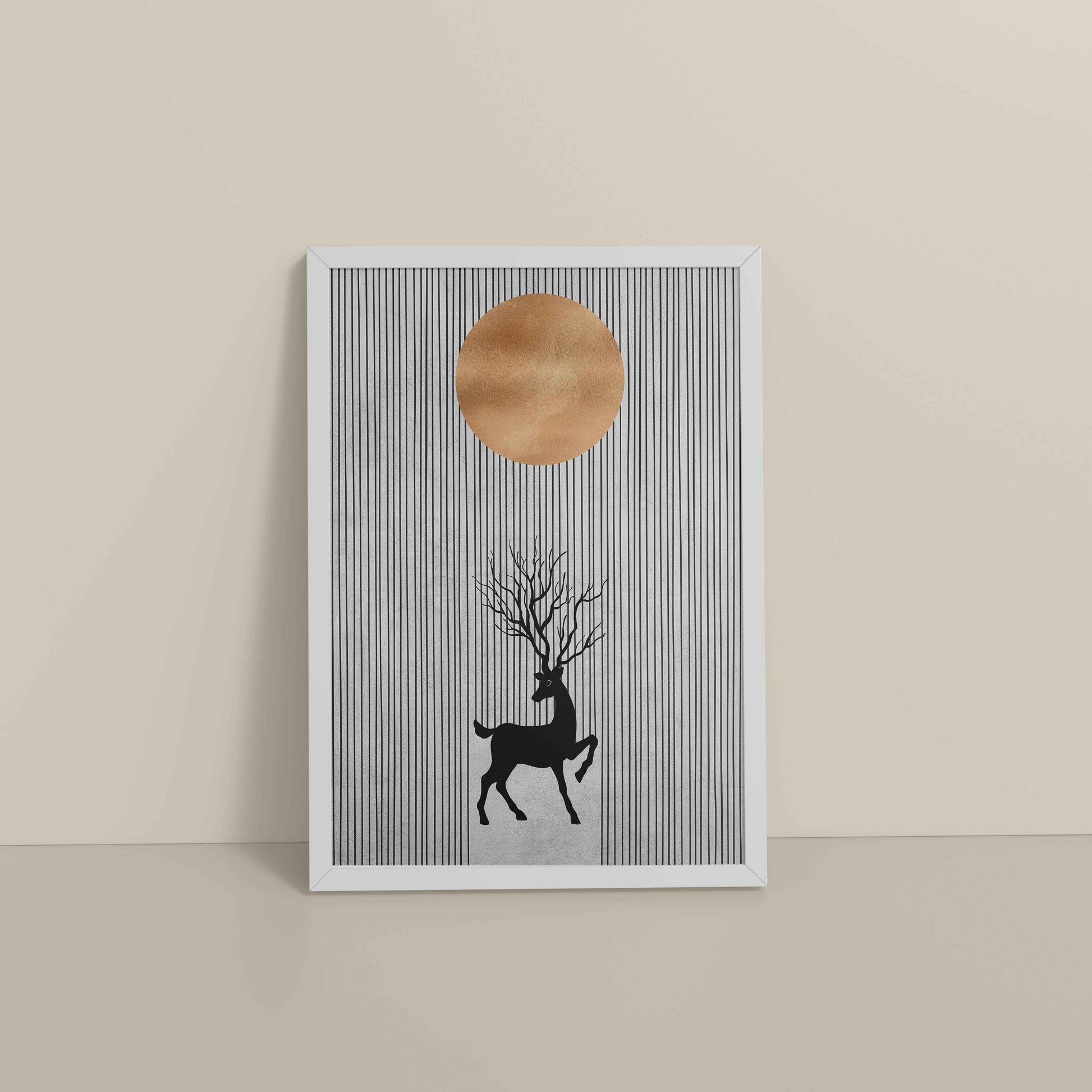 Floor View of Silent Grace – Minimalist Deer & Sun Line Art in White Color Frame