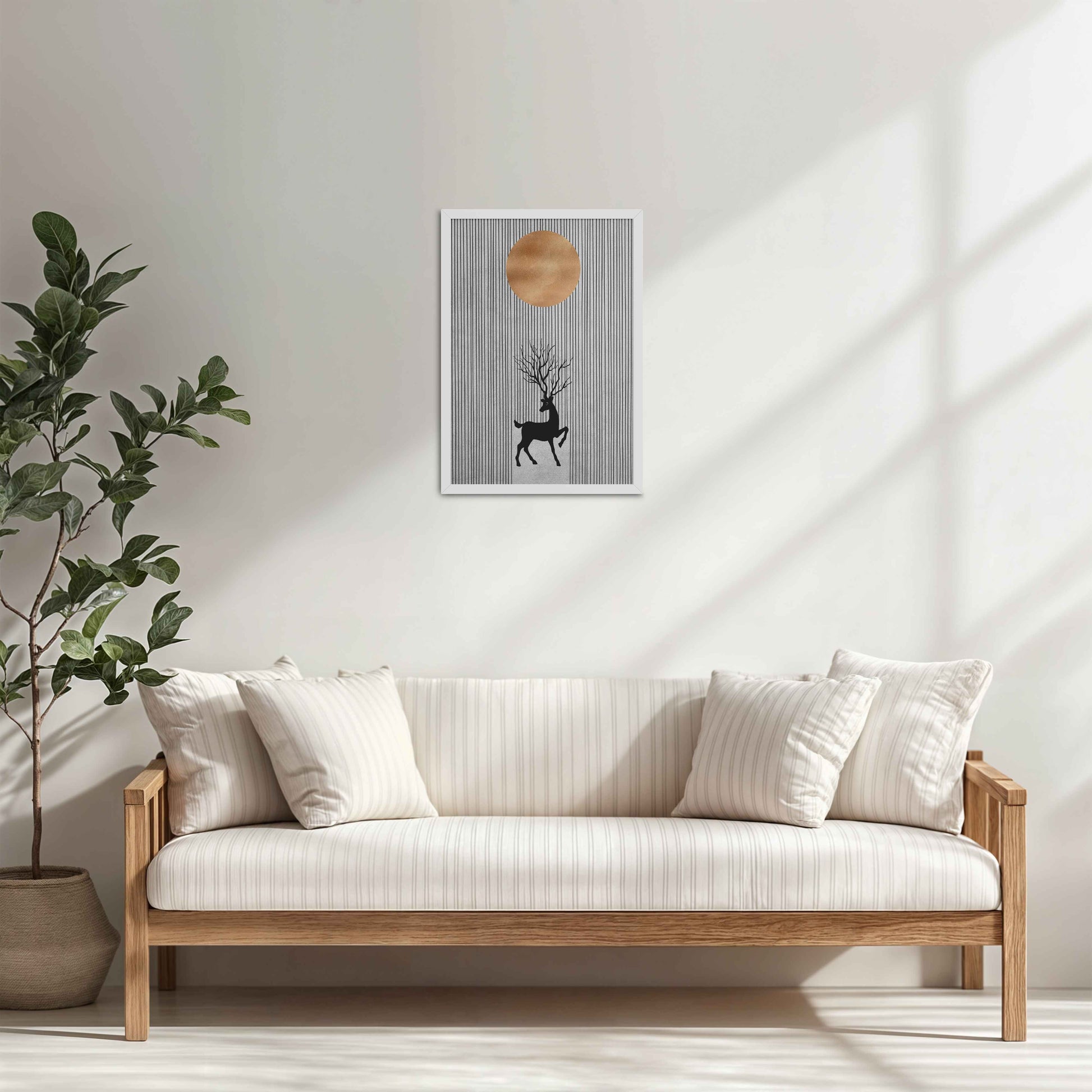 Living Room Cabinet Table Preview of Silent Grace – Minimalist Deer & Sun Line Art in White Color Frame