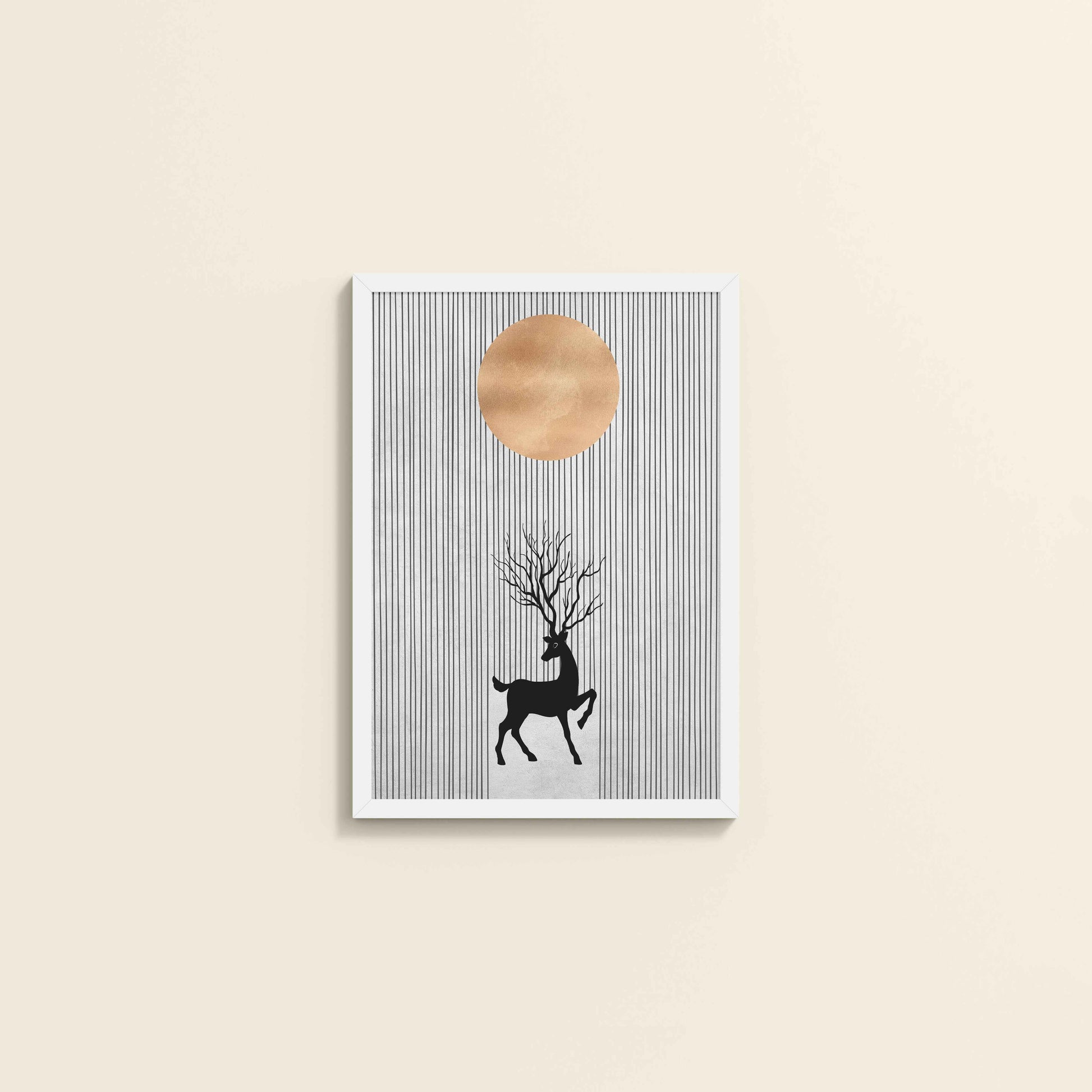 Wall View of Silent Grace – Minimalist Deer & Sun Line Art in White Color Frame