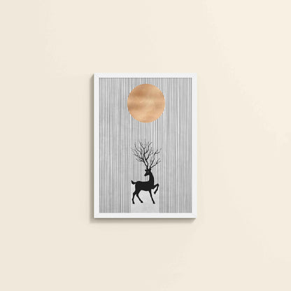 Wall View of Silent Grace – Minimalist Deer & Sun Line Art in White Color Frame