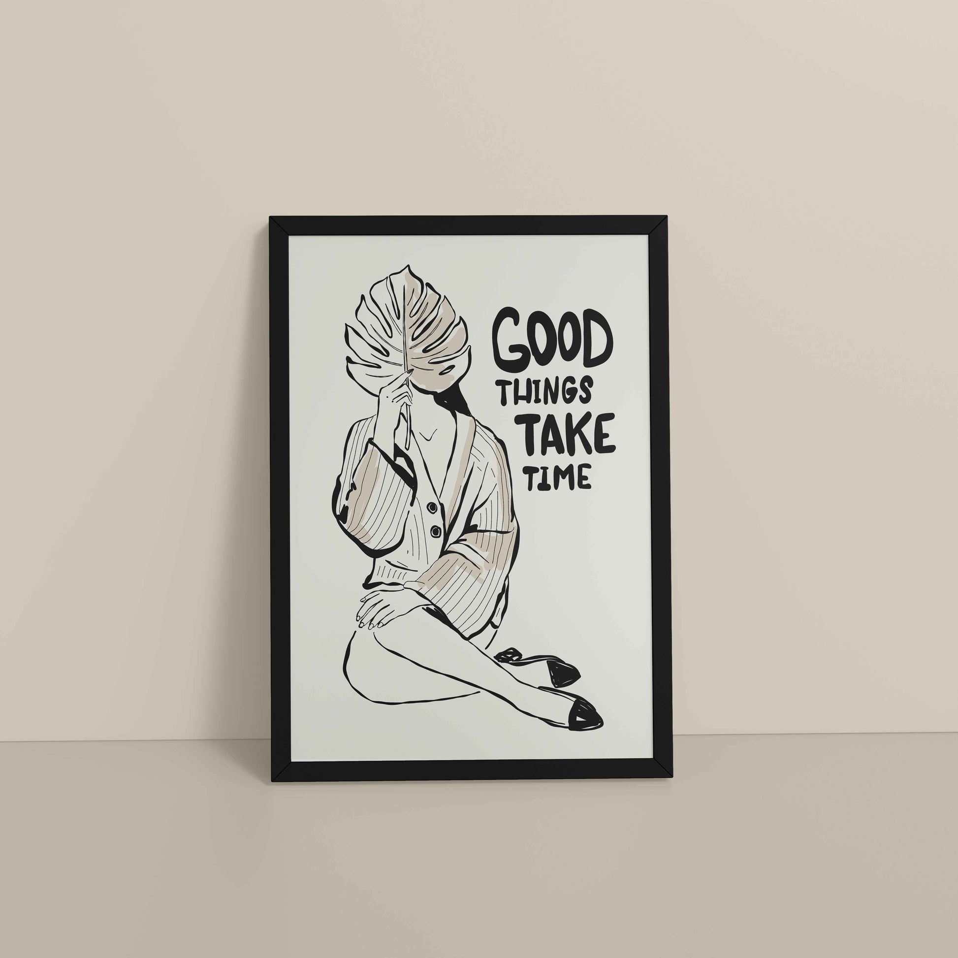 Floor View of Good Things Take Time – Minimalist Quote Line Art Frame in Black Color Frame