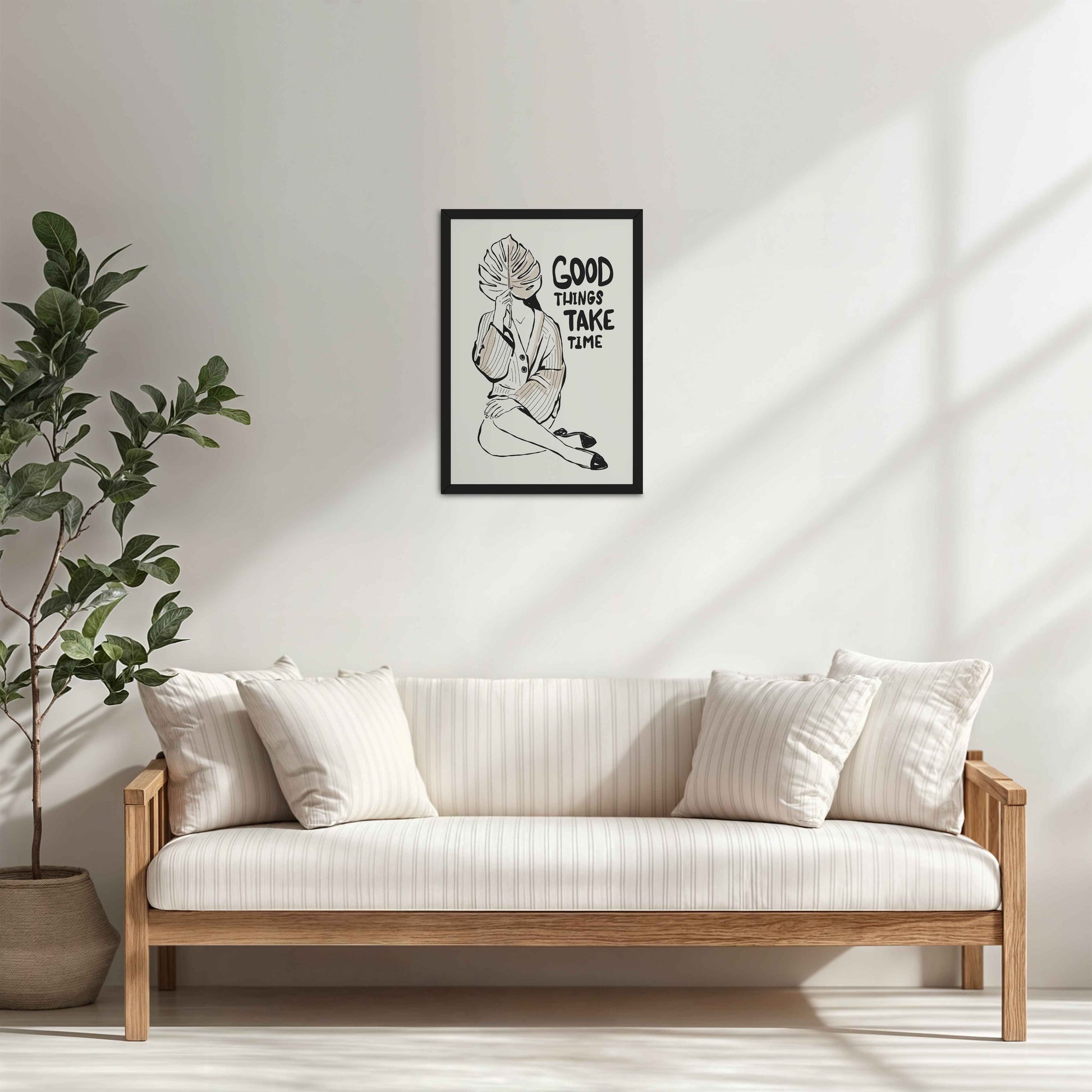 Living Room Cabinet Table Preview of Good Things Take Time – Minimalist Quote Line Art Frame in Black Color Frame
