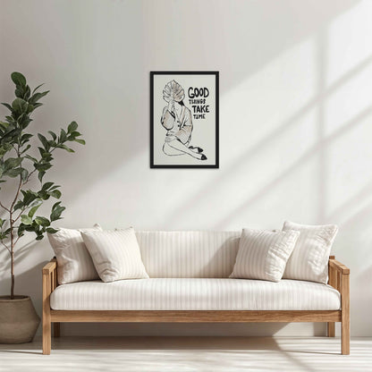 Living Room Cabinet Table Preview of Good Things Take Time – Minimalist Quote Line Art Frame in Black Color Frame