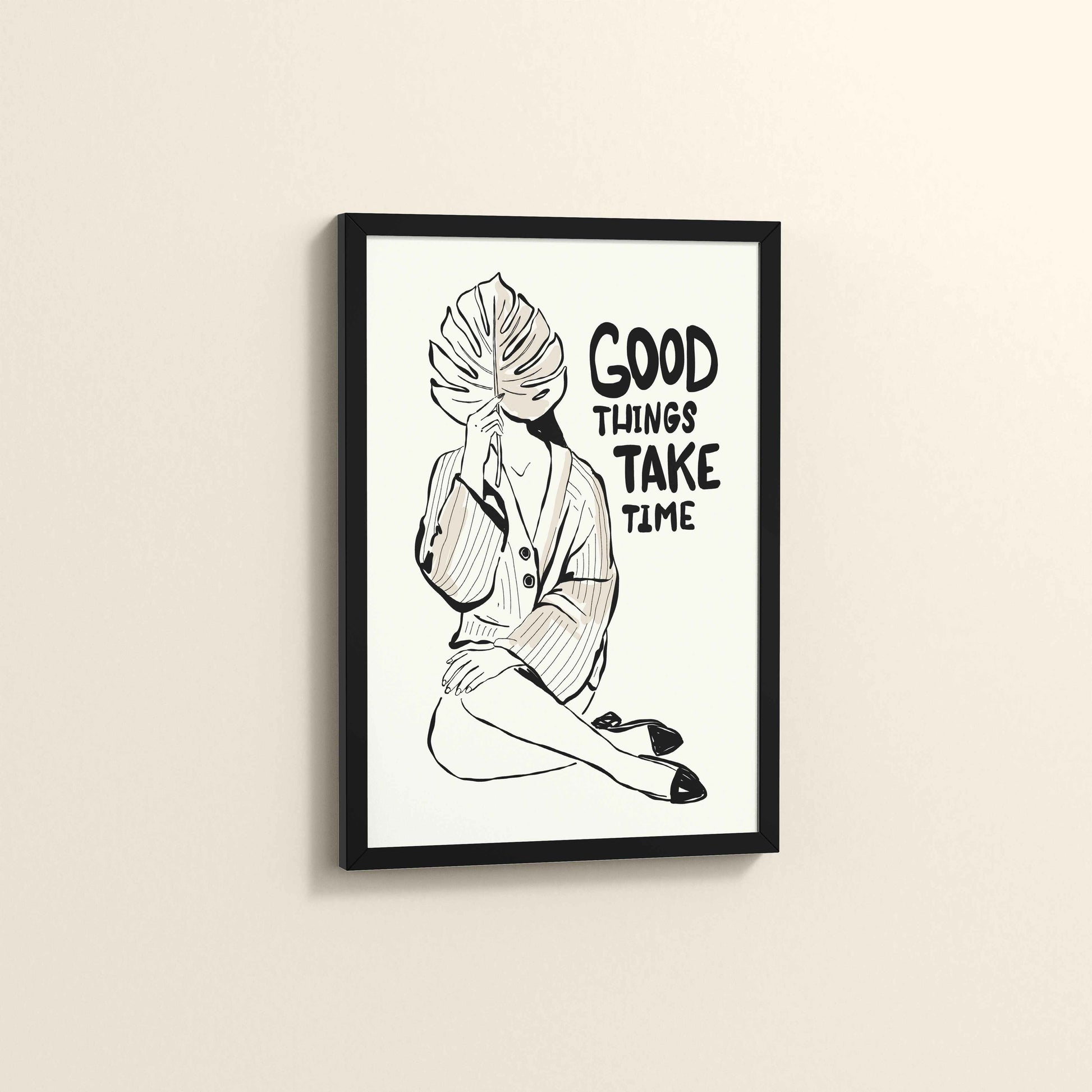 Side View of Good Things Take Time – Minimalist Quote Line Art Frame in Black Color Frame