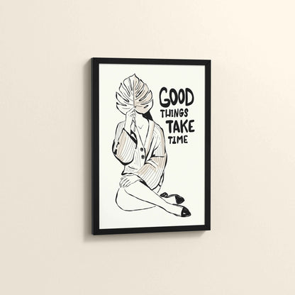 Side View of Good Things Take Time – Minimalist Quote Line Art Frame in Black Color Frame