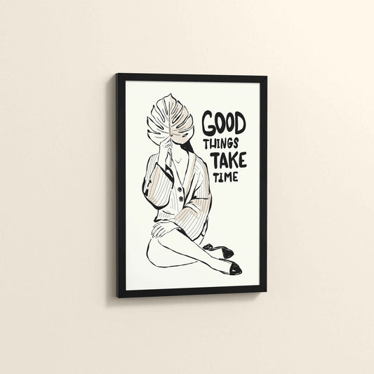Side View of Good Things Take Time – Minimalist Quote Line Art Frame in Black Color Frame