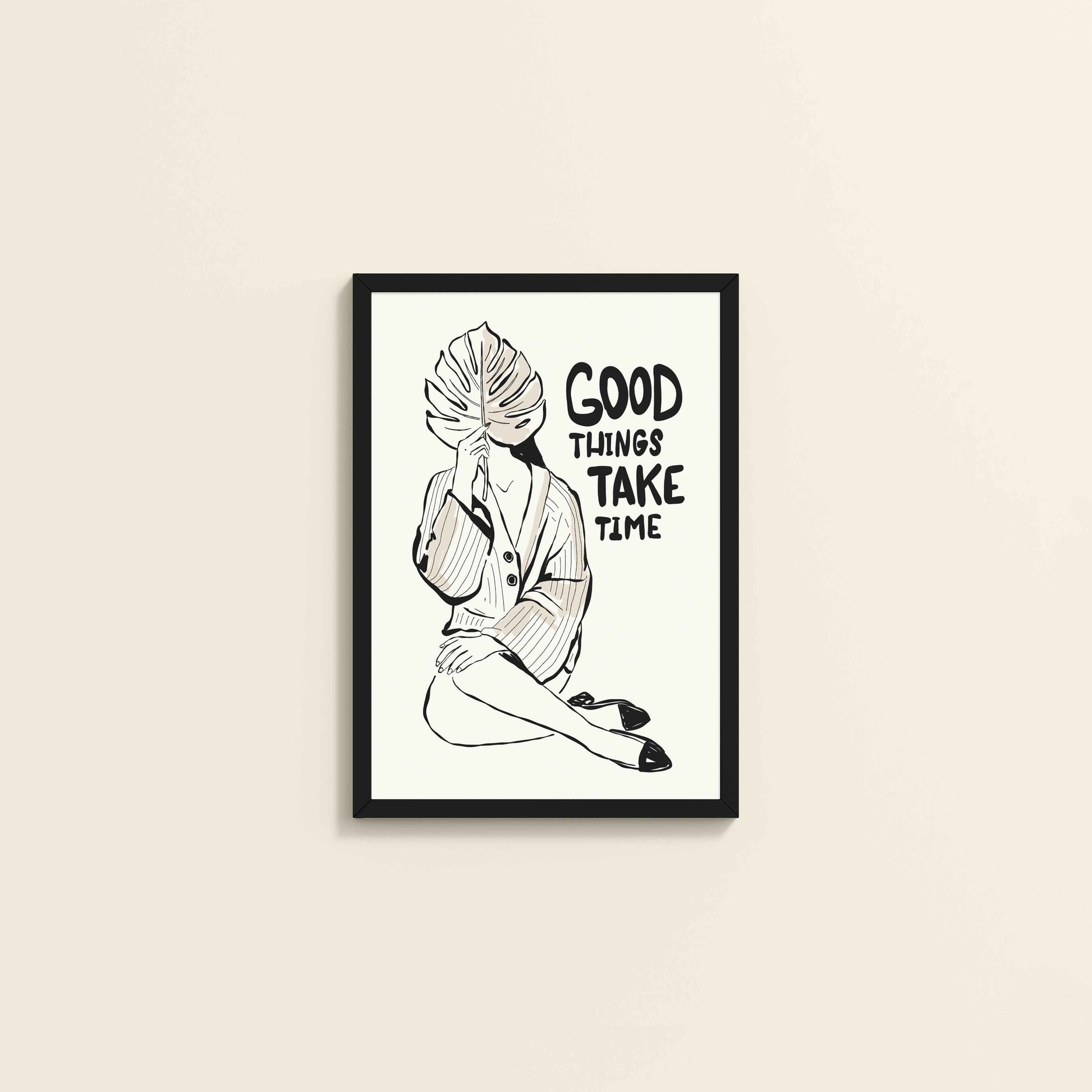 Wall View of Good Things Take Time – Minimalist Quote Line Art Frame in Black Color Frame