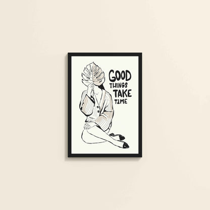 Wall View of Good Things Take Time – Minimalist Quote Line Art Frame in Black Color Frame