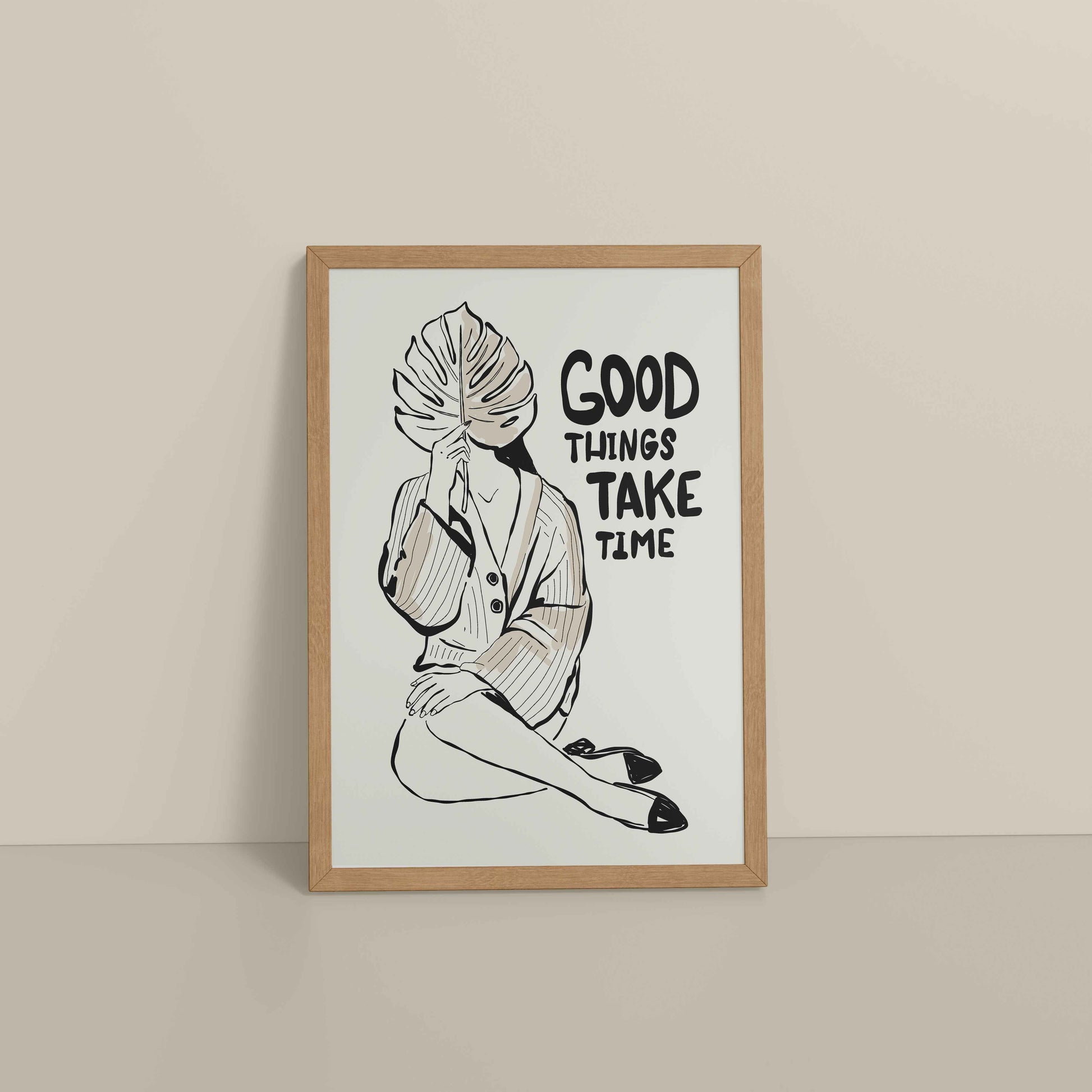 Floor View of Good Things Take Time – Minimalist Quote Line Art Frame in Natrual Color Frame