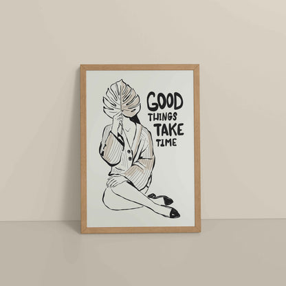 Floor View of Good Things Take Time – Minimalist Quote Line Art Frame in Natrual Color Frame