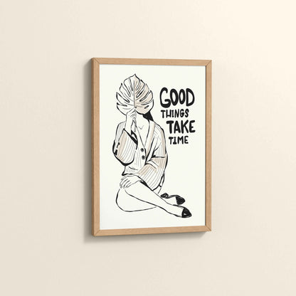 Side View of Good Things Take Time – Minimalist Quote Line Art Frame in Natrual Color Frame