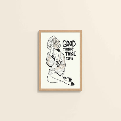 Wall View of Good Things Take Time – Minimalist Quote Line Art Frame in Natrual Color Frame
