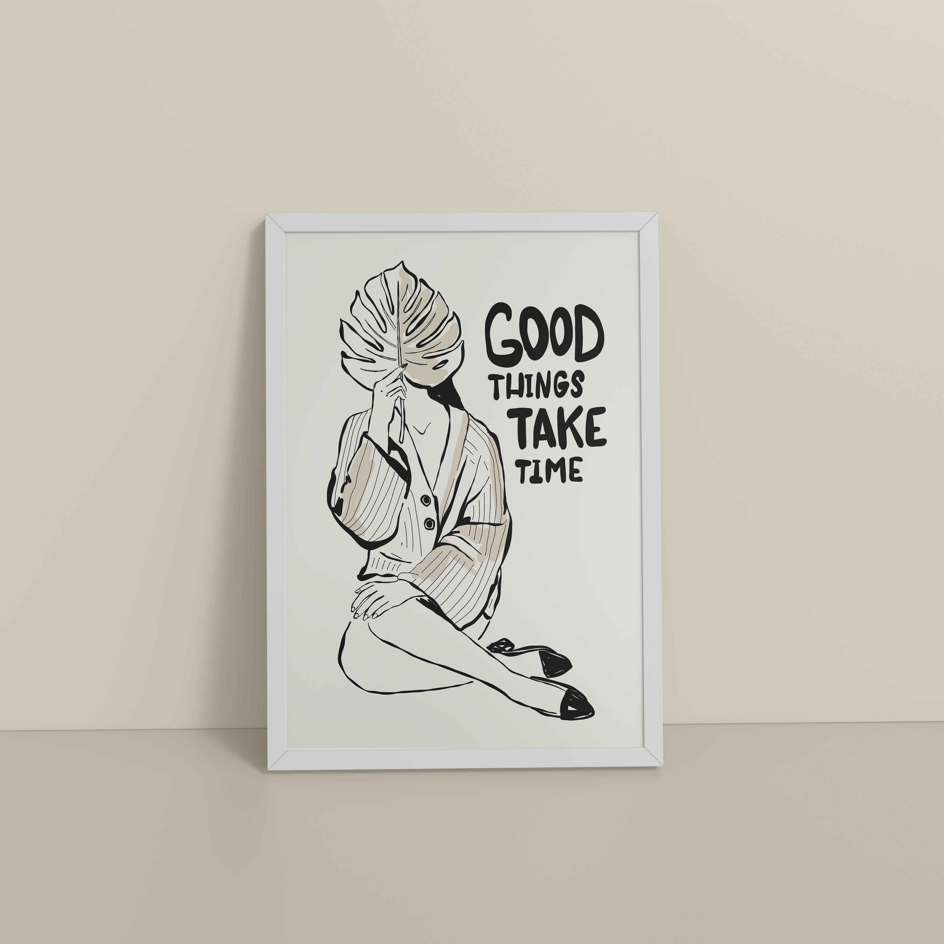Floor View of Good Things Take Time – Minimalist Quote Line Art Frame in White Color Frame