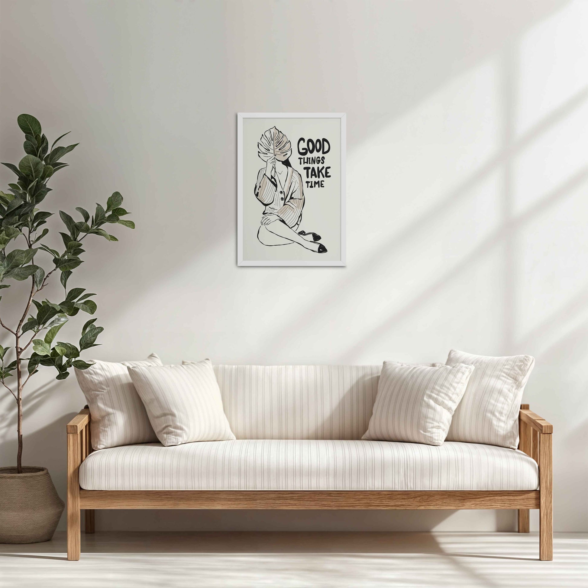 Living Room Cabinet Table Preview of Good Things Take Time – Minimalist Quote Line Art Frame in White Color Frame