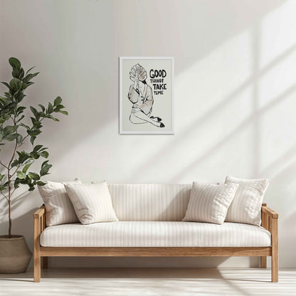 Living Room Cabinet Table Preview of Good Things Take Time – Minimalist Quote Line Art Frame in White Color Frame