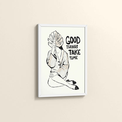 Side View of Good Things Take Time – Minimalist Quote Line Art Frame in White Color Frame