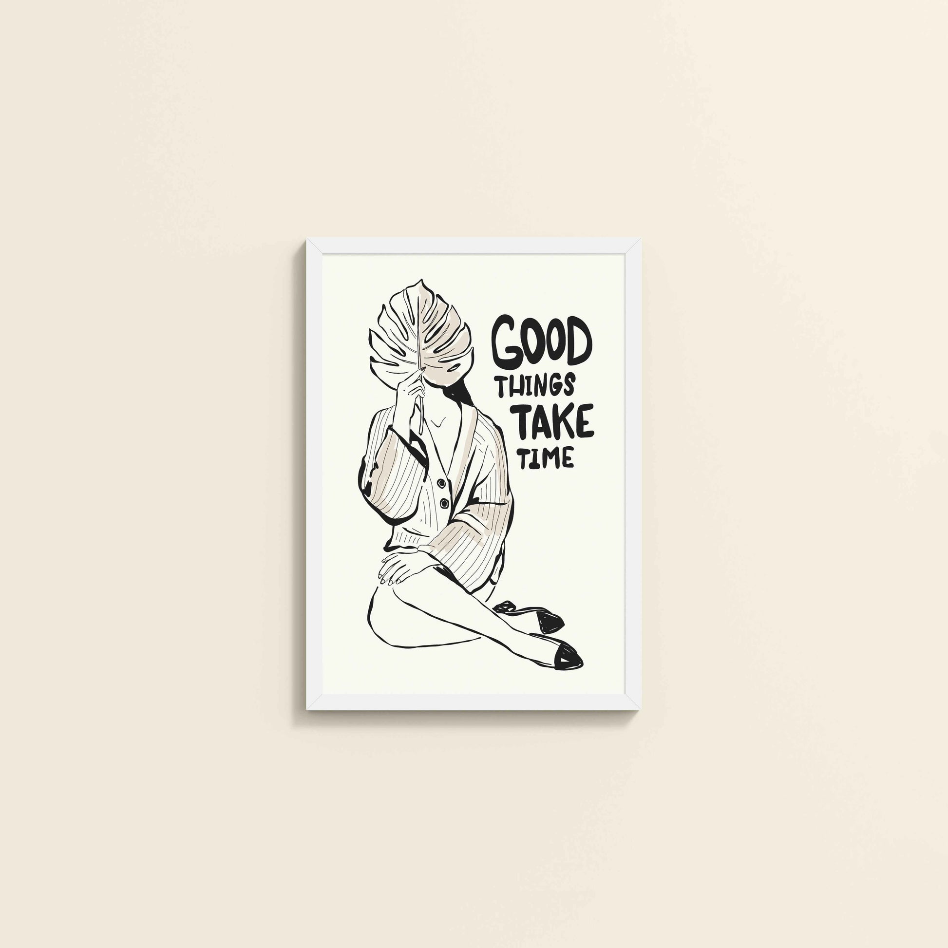 Wall View of Good Things Take Time – Minimalist Quote Line Art Frame in White Color Frame