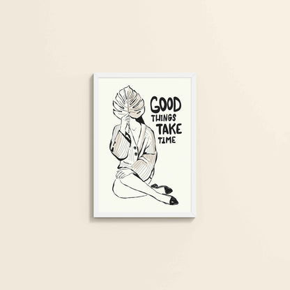 Wall View of Good Things Take Time – Minimalist Quote Line Art Frame in White Color Frame
