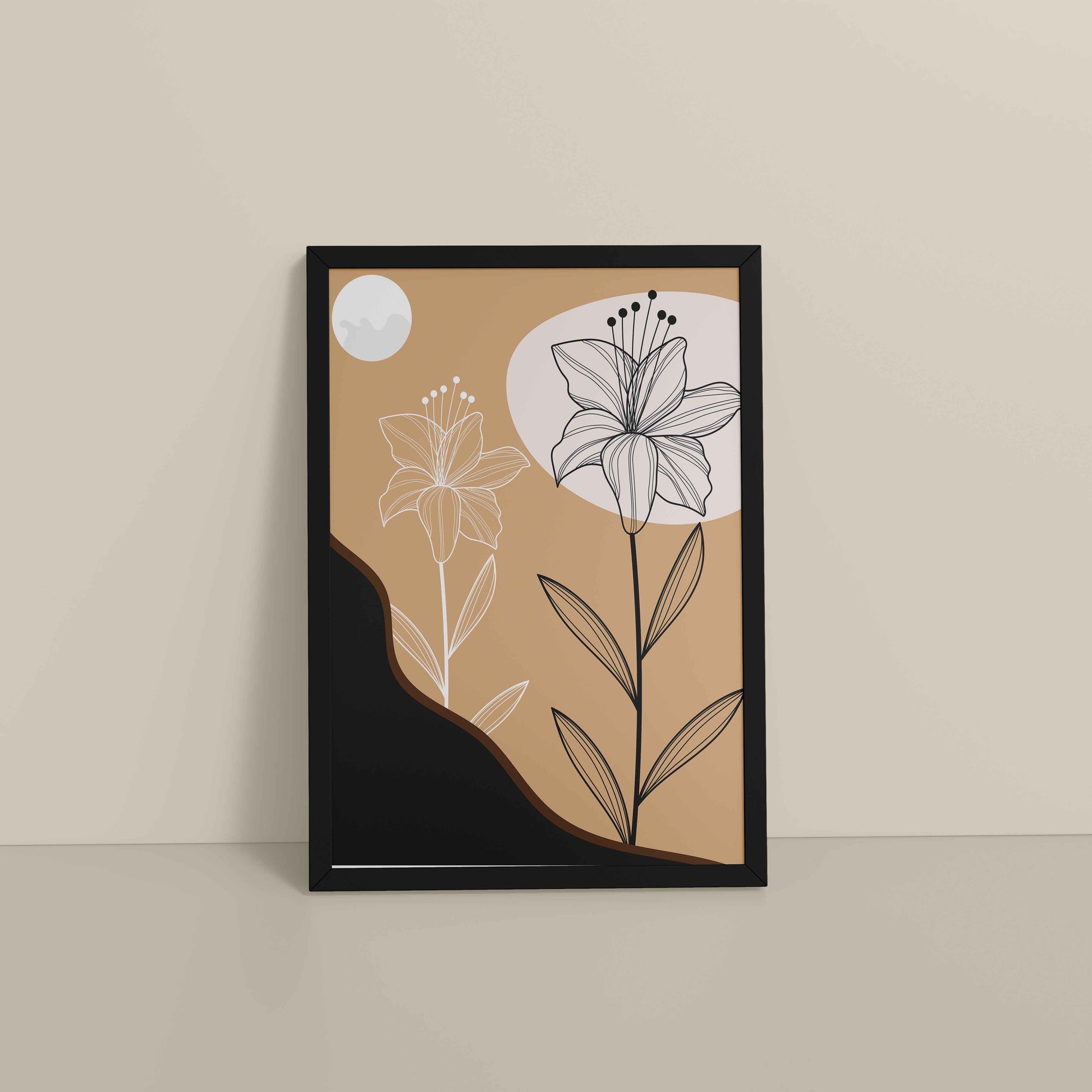Floor View of Silent Petals – Artistic Flower Line Art in Black Color Frame