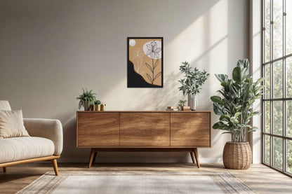 Living Room Cabinet Preview of Silent Petals – Artistic Flower Line Art in Black Color Frame