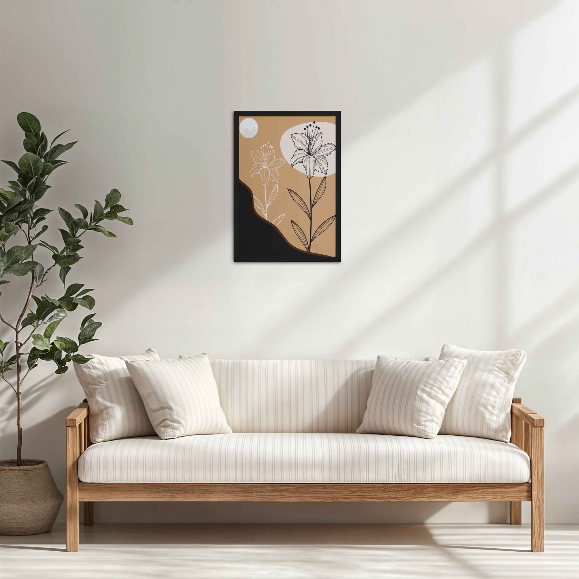 Living Room Cabinet Table Preview of Silent Petals – Artistic Flower Line Art in Black Color Frame