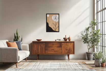Living Room Sofa Preview of Silent Petals – Artistic Flower Line Art in Black Color Frame