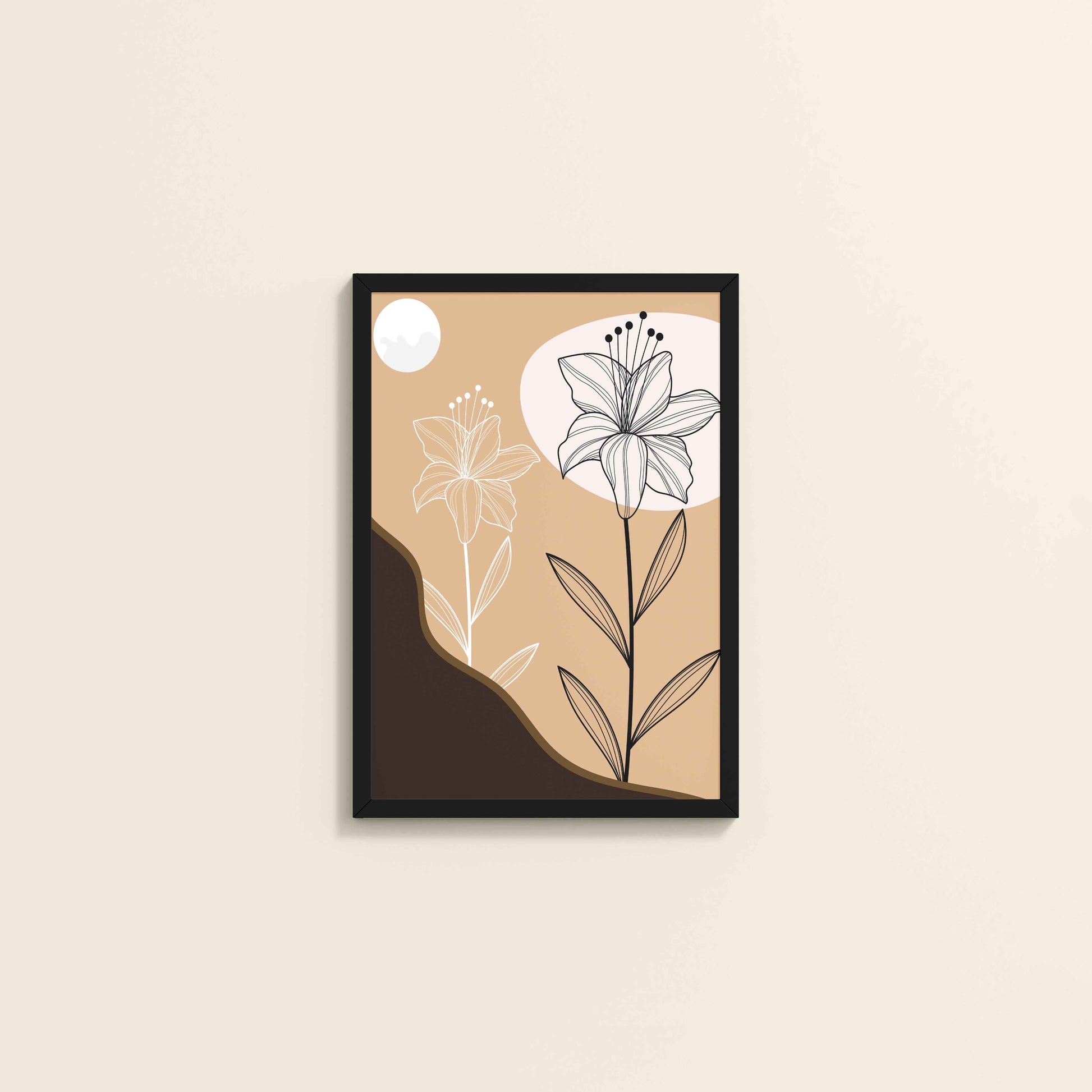 Wall View of Silent Petals – Artistic Flower Line Art in Black Color Frame