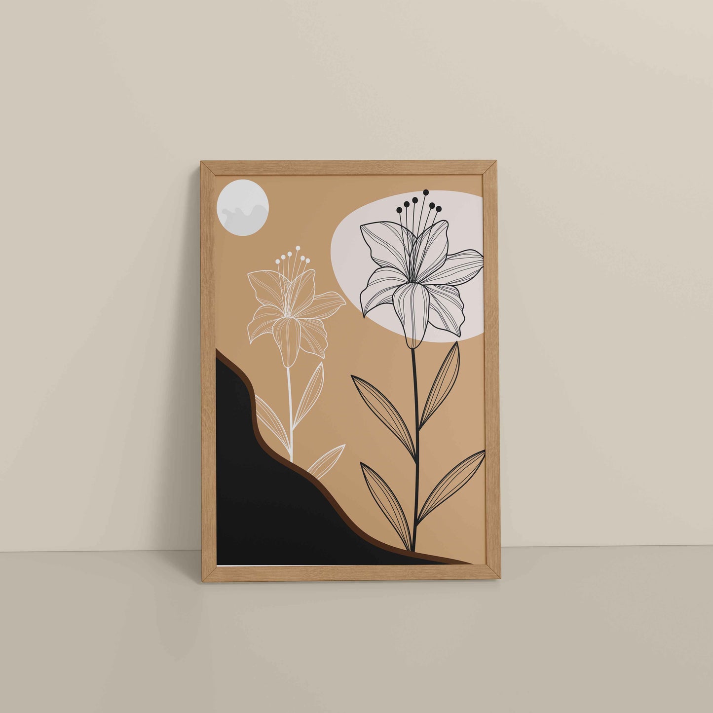 Floor View of Silent Petals – Artistic Flower Line Art in Natrual Color Frame