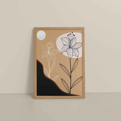 Floor View of Silent Petals – Artistic Flower Line Art in Natrual Color Frame