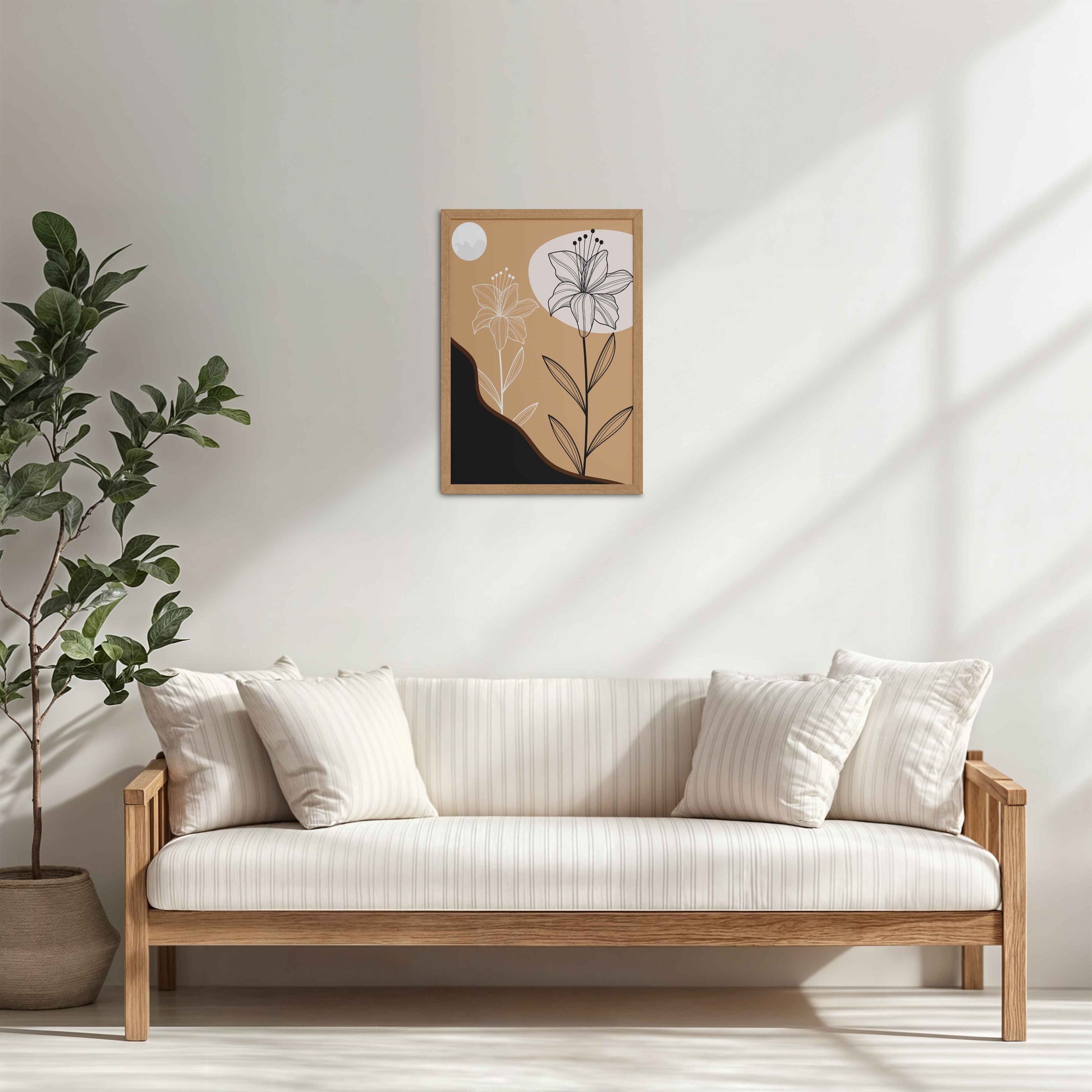 Living Room Cabinet Table Preview of Silent Petals – Artistic Flower Line Art in Natrual Color Frame