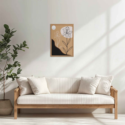 Living Room Cabinet Table Preview of Silent Petals – Artistic Flower Line Art in Natrual Color Frame