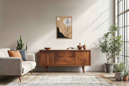 Living Room Sofa Preview of Silent Petals – Artistic Flower Line Art in Natrual Color Frame