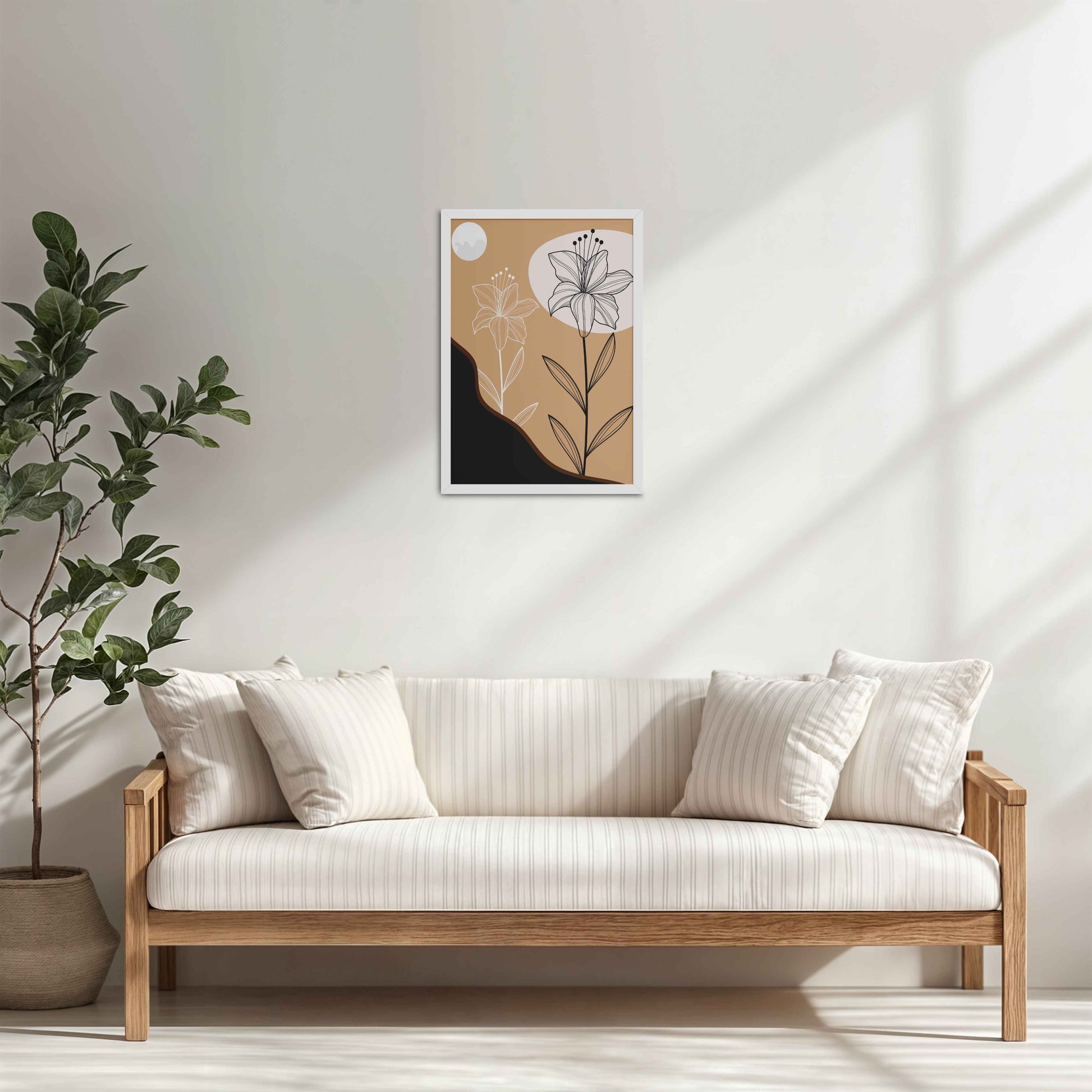 Living Room Cabinet Table Preview of Silent Petals – Artistic Flower Line Art in White Color Frame