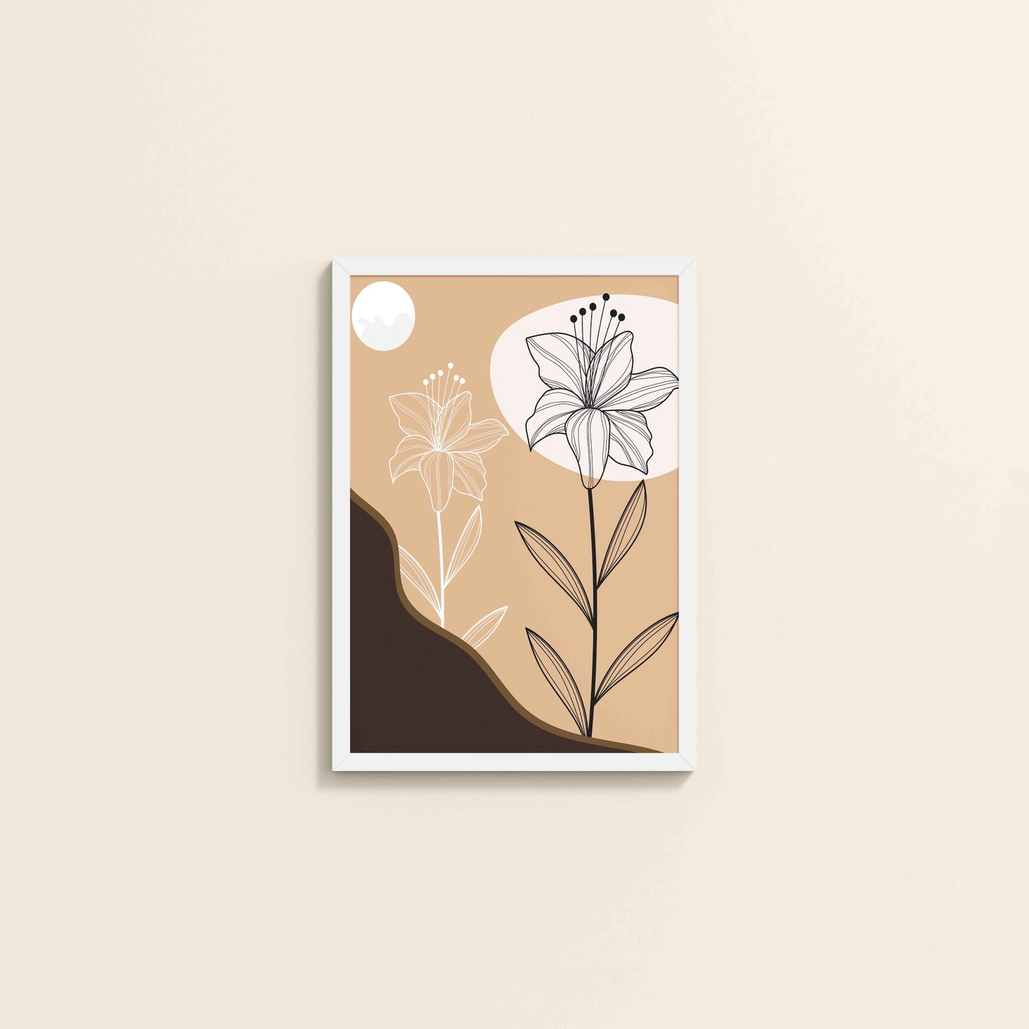 Wall View of Silent Petals – Artistic Flower Line Art in White Color Frame
