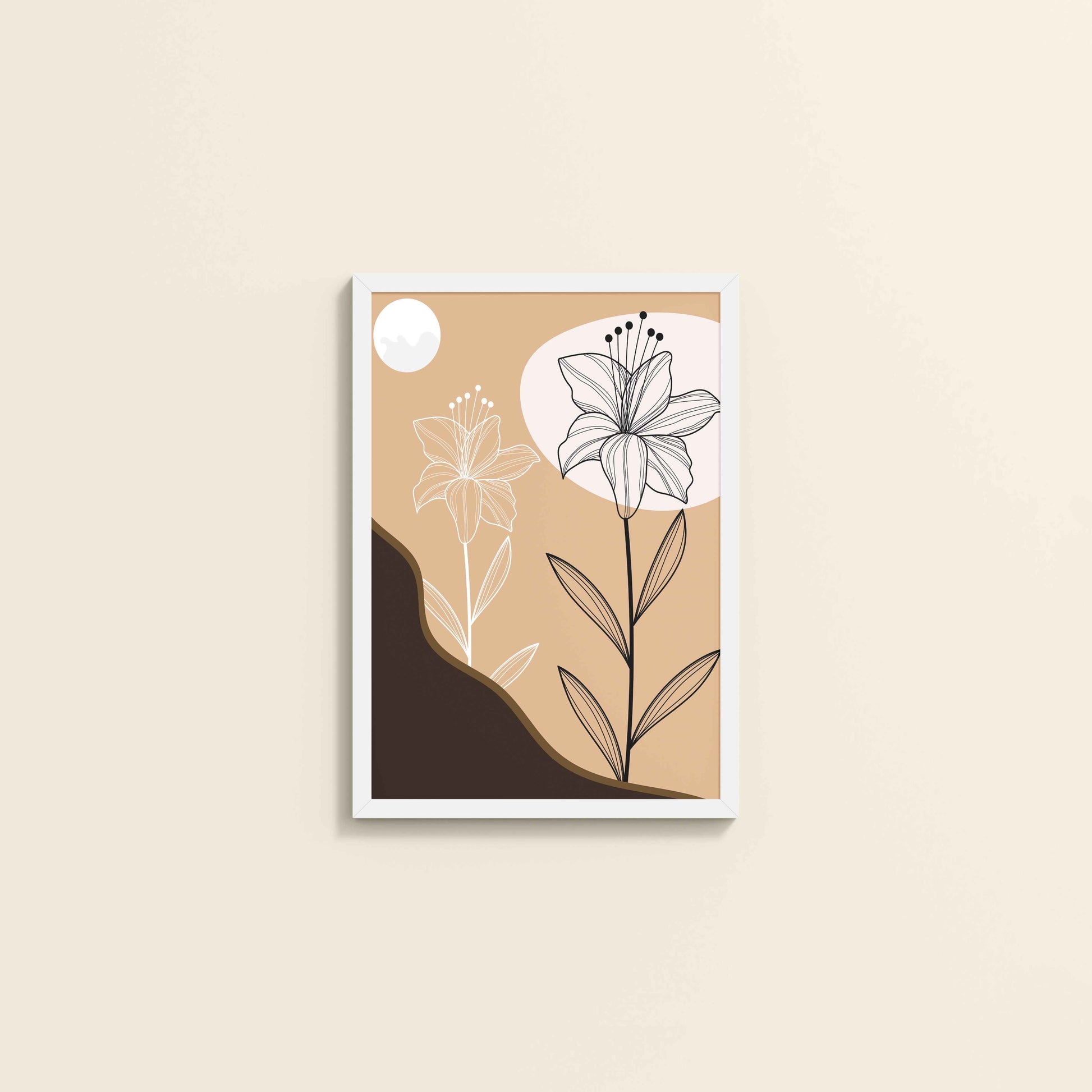 Wall View of Silent Petals – Artistic Flower Line Art in White Color Frame