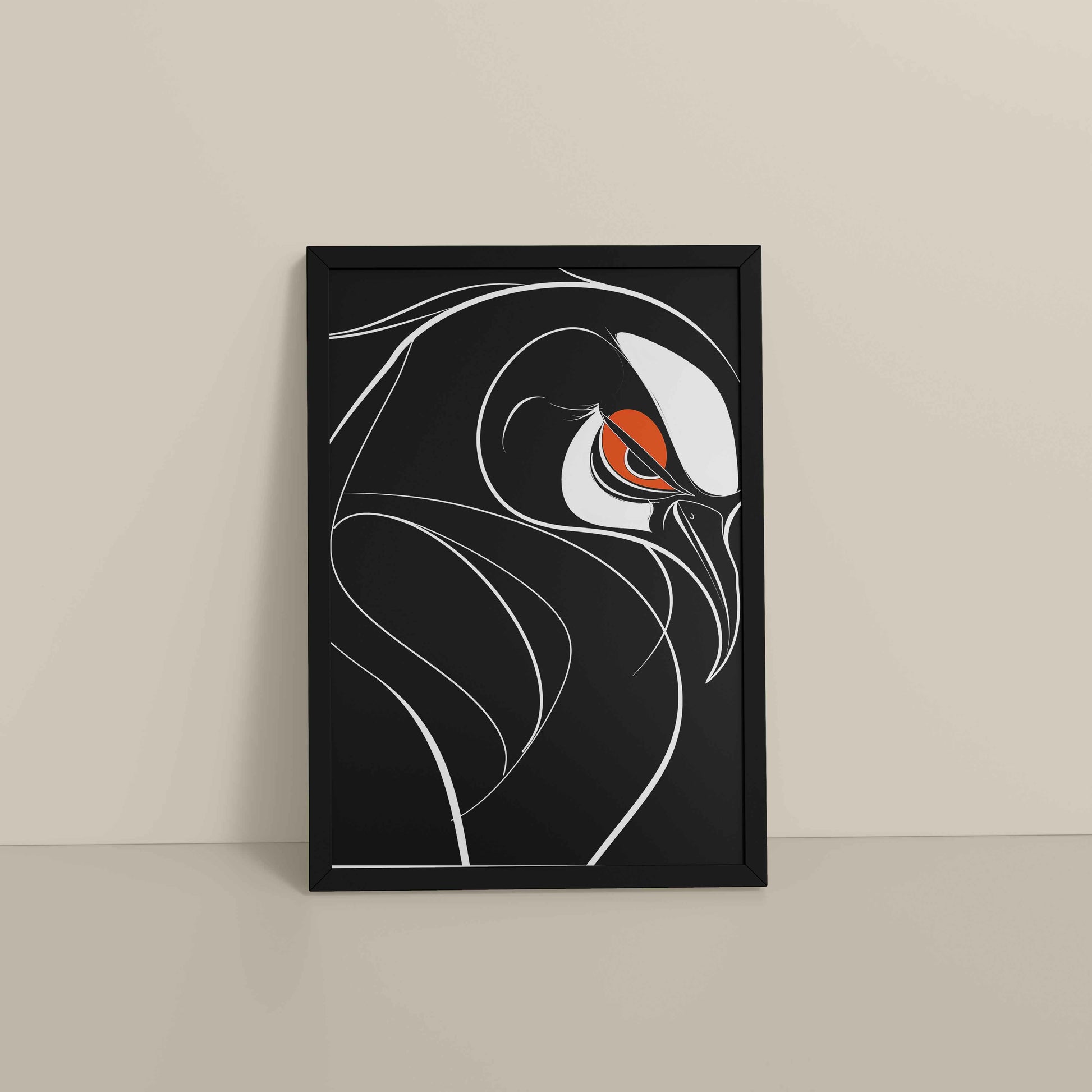 Floor View of Silent Predator – Black and White Bird Line Art in Black Color Frame