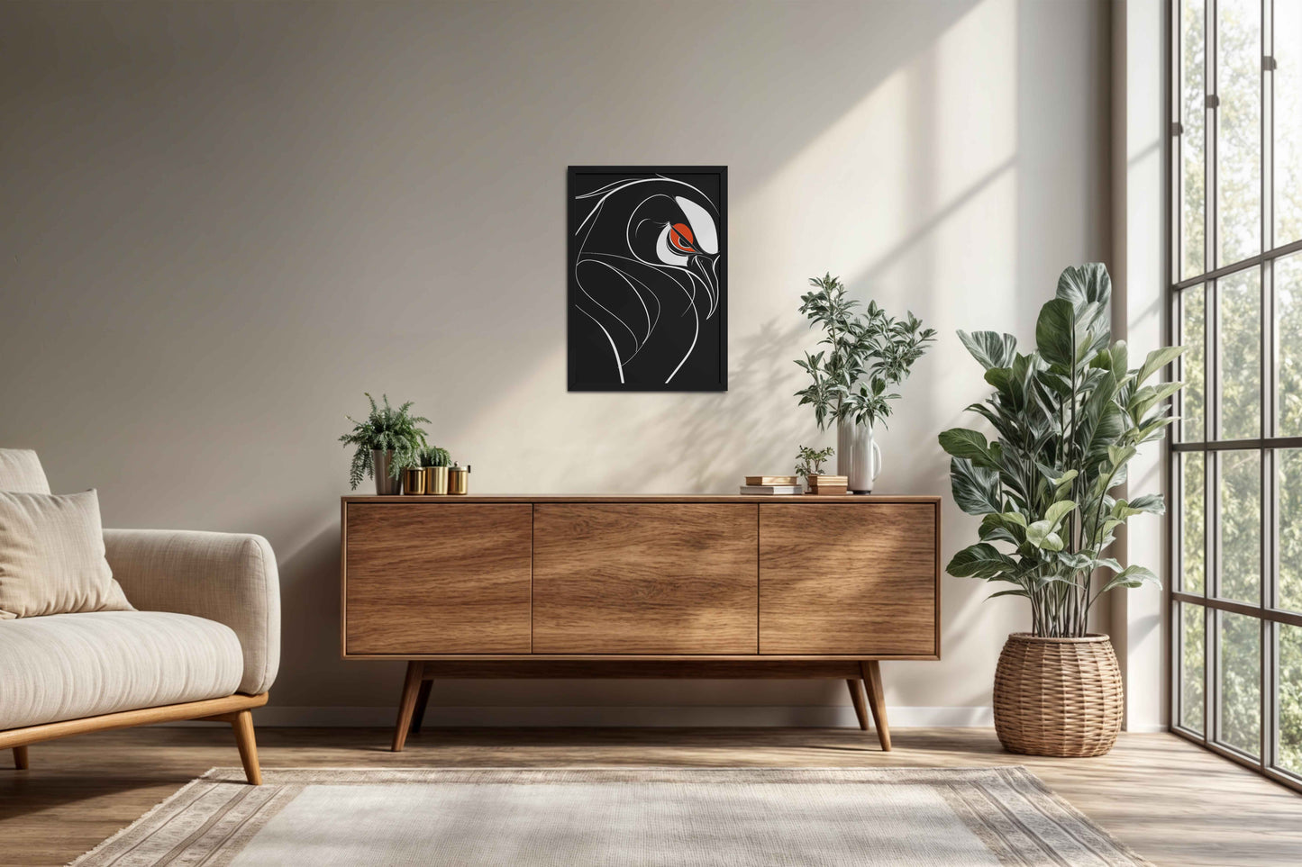 Living Room Cabinet Preview of Silent Predator – Black and White Bird Line Art in Black Color Frame
